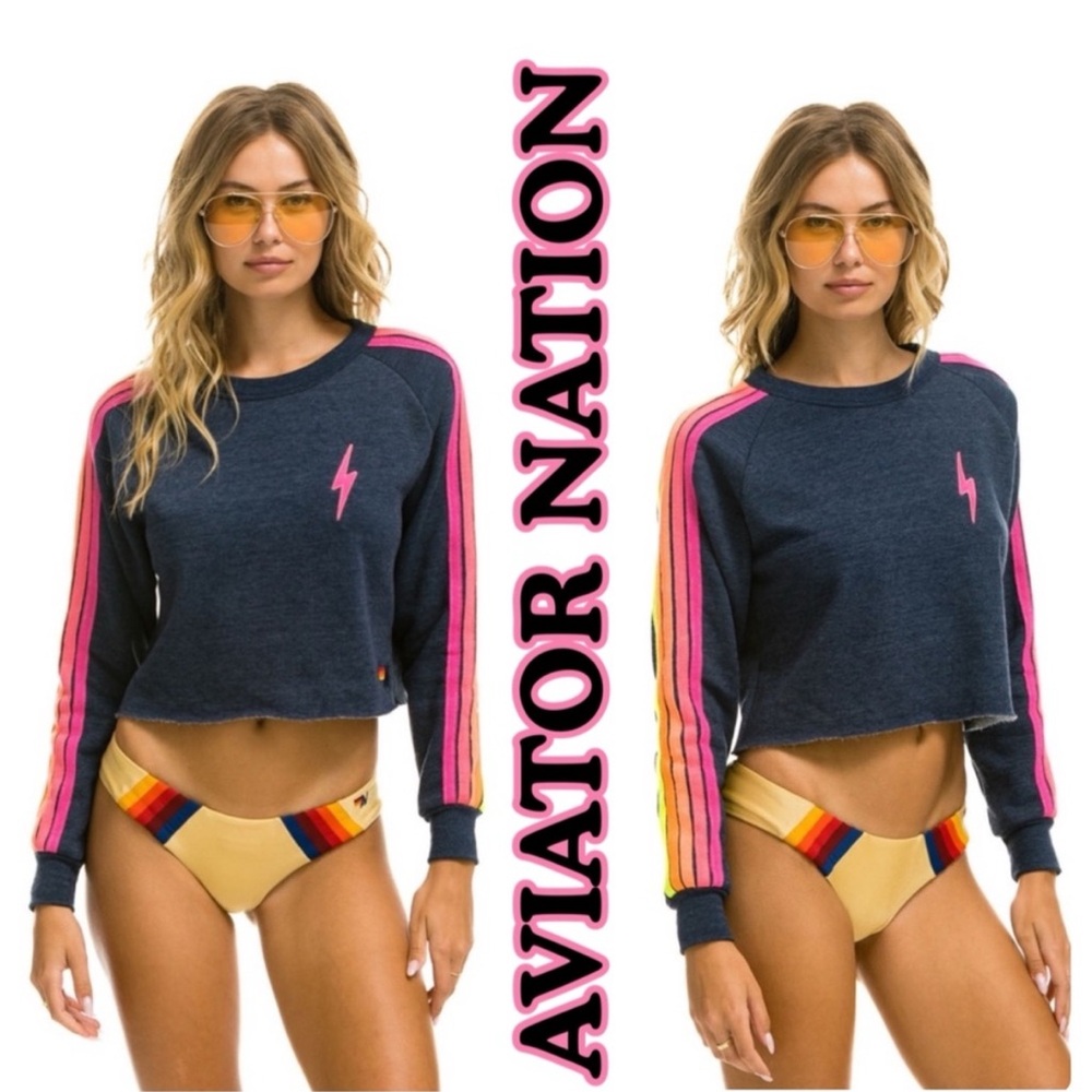 NWT Aviator Nation BOLT EMBROIDERY CLASSIC CROPPED CREW HEATHER NAVY STRIPES‎ L